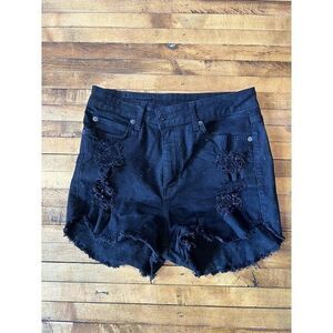 Carmar Embroidered Booty Shorts Distressed Frayed Raw Hem Size 28‎ Black
